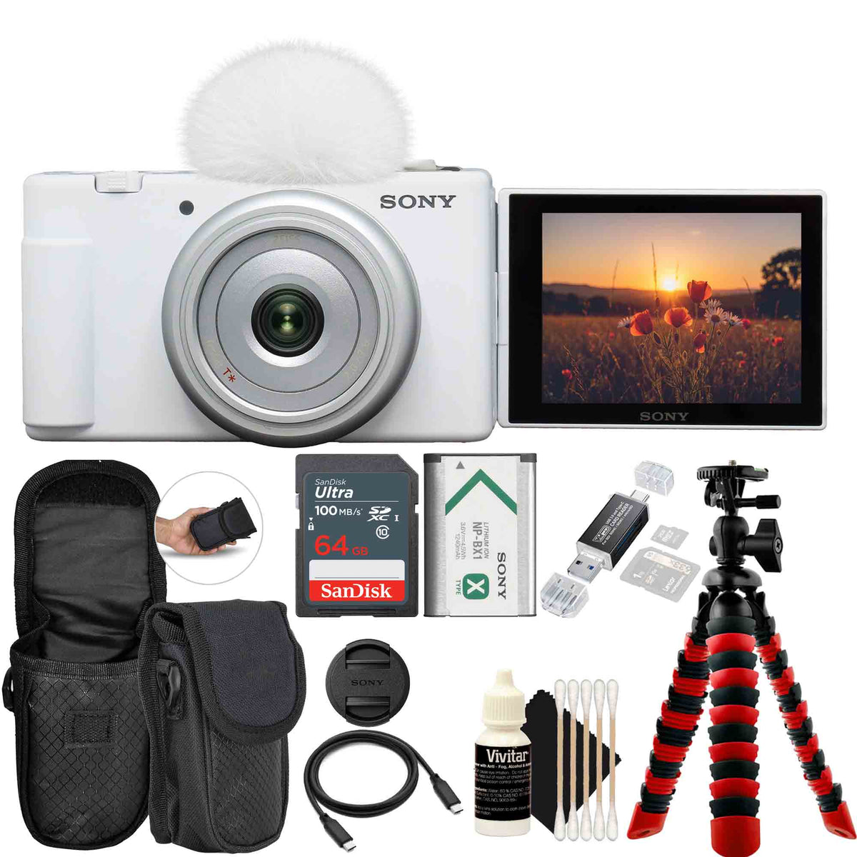 Sony ZV-1F Vlogging Camera for Content Creators and Vloggers (White) + SanDisk 64GB Ultra SDXC UHS I Memory Card + Spider Tripod + Camera Carrying Case + Cleaning Kit + USB SD Card Reader