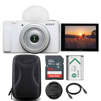 Sony ZV-1F Vlogging Camera for Content Creators and Vloggers (White) + SanDisk 64GB Ultra SDXC UHS I Memory Card + Hard Shell Camera Case