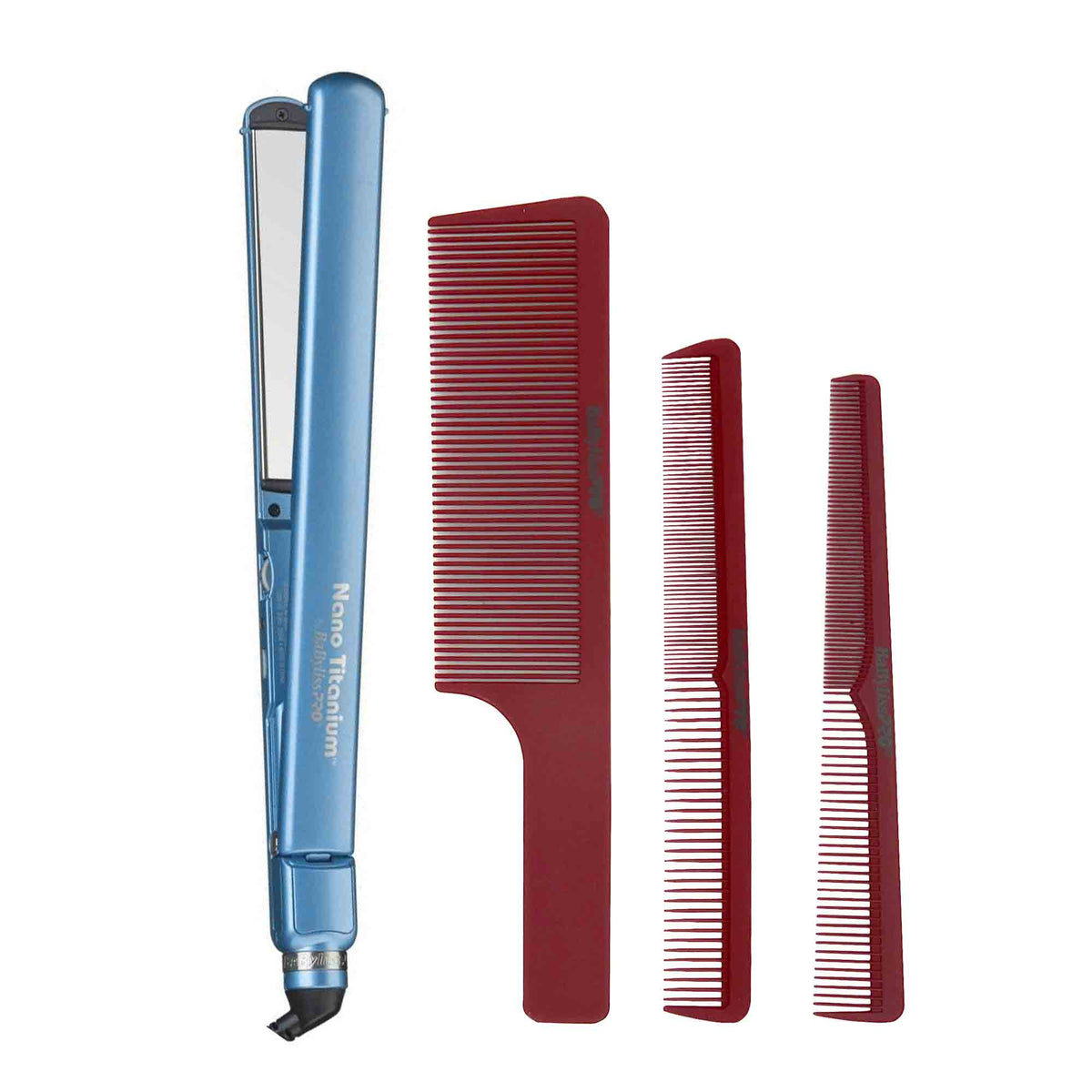 BaBylissPRO Nano Titanium 1" Ultra-Thin Straightening Iron T4072TUC + Barberology Comb Set (Clipper, Cutting, Taper Combs) - Red