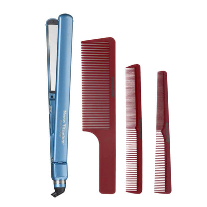 BaBylissPRO Nano Titanium 1" Ultra-Thin Straightening Iron T4072TUC + Barberology Comb Set (Clipper, Cutting, Taper Combs) - Red