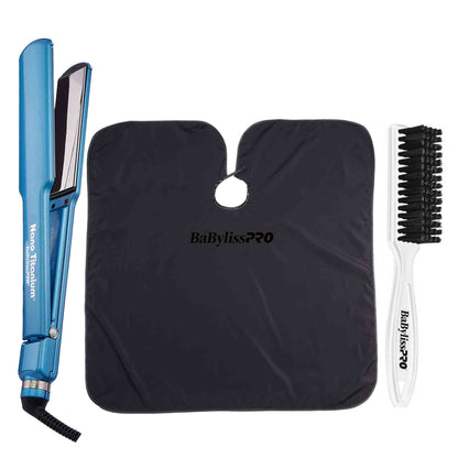 BaByliss Pro Nano Titanium 1½" Ultra Thin Straightener Flat Iron + BaByliss Pro Barberology Professional Cutting Cape BBCAPEMB + Fade Brush