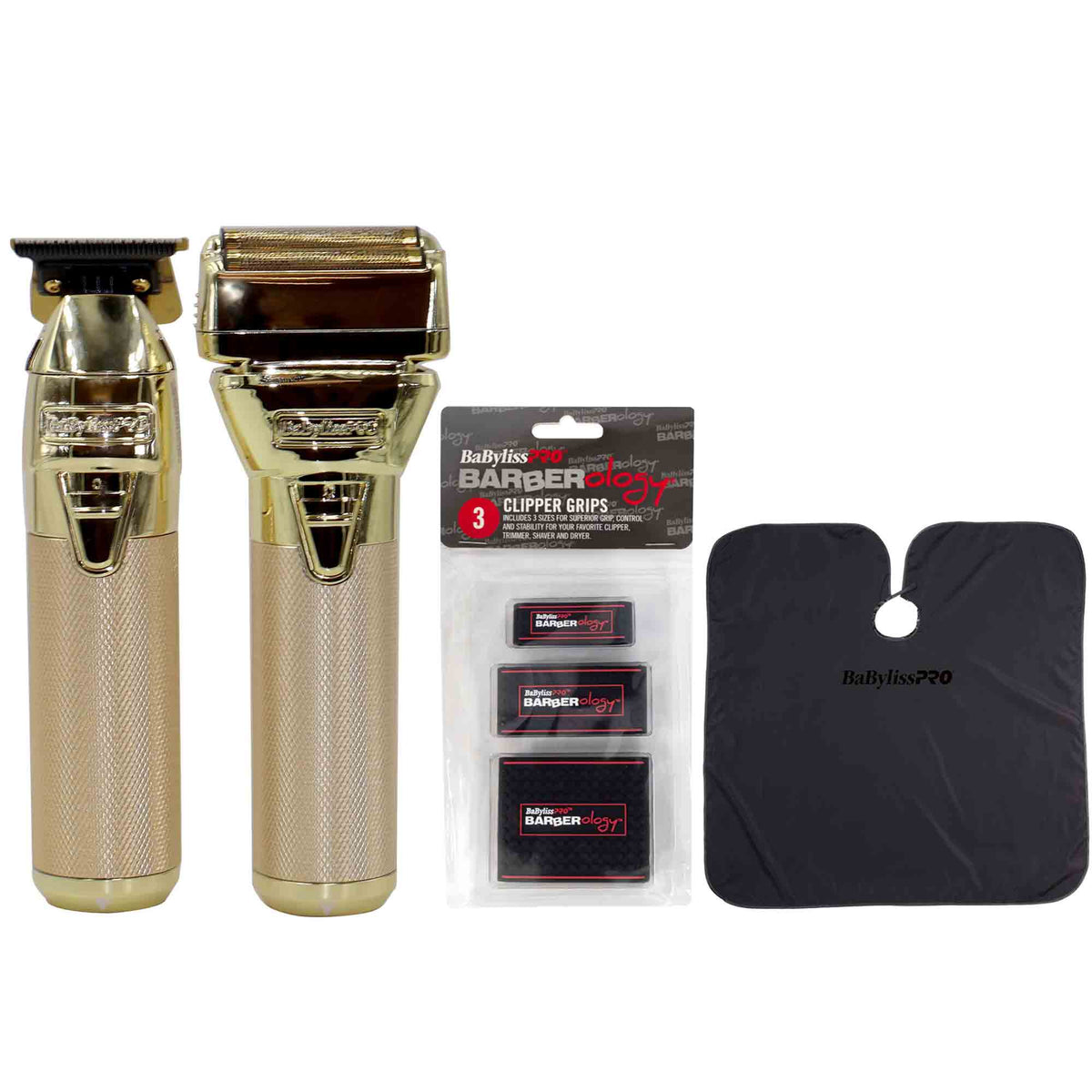 BaByliss Pro FXONE GOLDFX Limited Edition Prepack - Outlining Trimmer and Double Foil Stick Shaver (Gold) FX1FSTGPK + Clipper Grips 3-Pack + Professional Cutting Cape