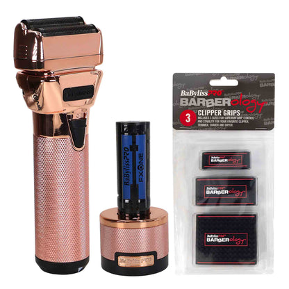BaByliss Pro FXONE ROSEFX All-Metal Interchangeable-Battery Shaver FX79FSRG - Rose Gold + Clipper Grips 3-Pack