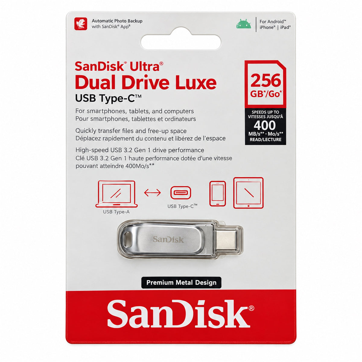SanDisk Ultra Dual Drive Luxe 256GB USB Type-C Flash Drive, All-Metal Design (SDDDC4-256G-G46)