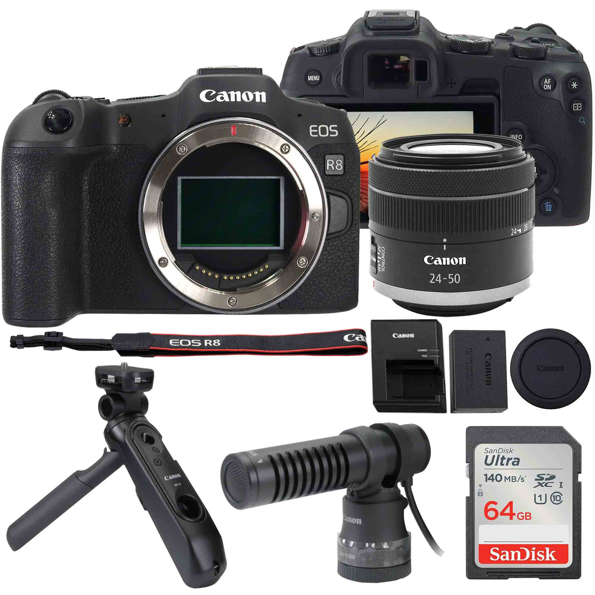 Canon EOS R8 Mirrorless Camera (Black) + Canon RF 24-50mm f/4.5-6.3 IS STM Lens (White Box) + Stereo Microphone with Wind Screen + Tripod Grip + 64GB Memory Card