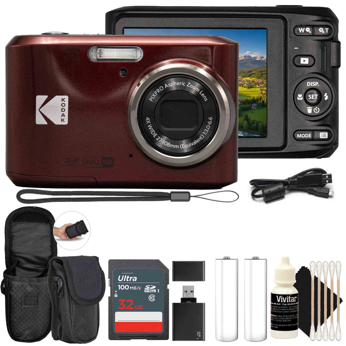 Kodak Pixpro FZ45 Portable 16MP Digital Camera (Red) Accessory Bundle