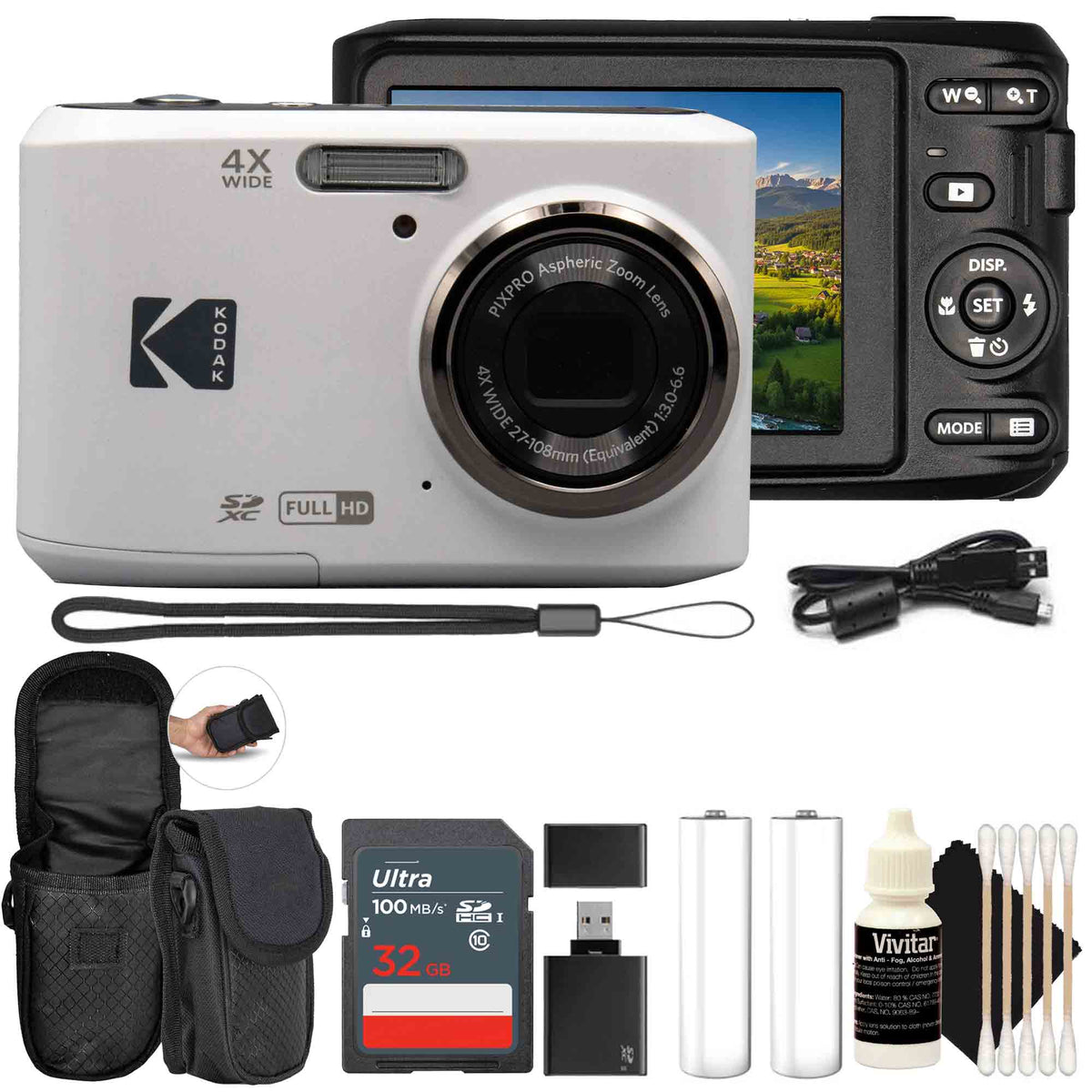 Kodak Pixpro FZ45 Portable 16MP Digital Camera (White) + SanDisk 32GB SDHC Ultra 100MB/s + Memory Card Reader + Neoprene Camera Case + Cleaning Kit