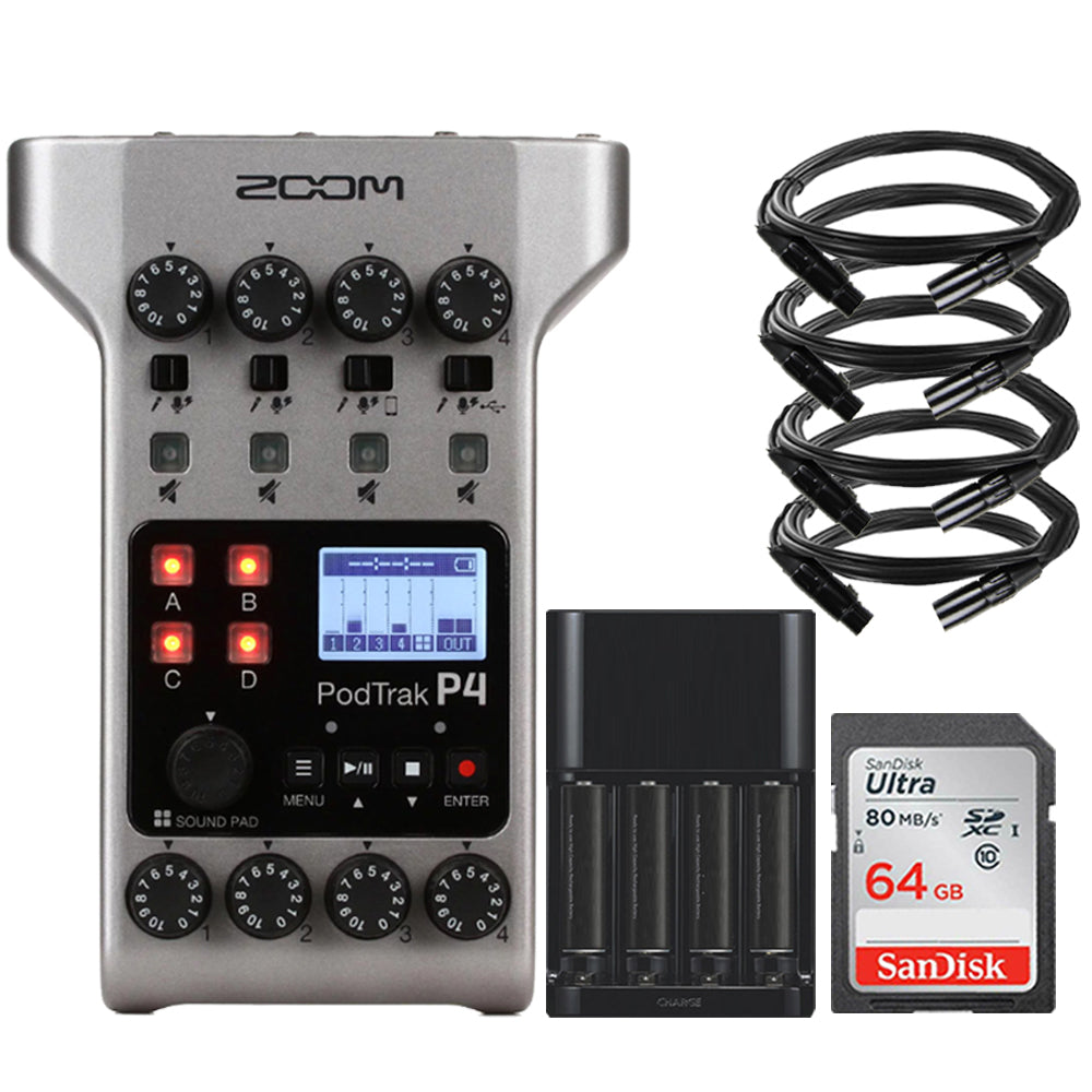 Zoom PodTrak P4 Portable Multitrack Podcast Recorder with 64GB Memory ...