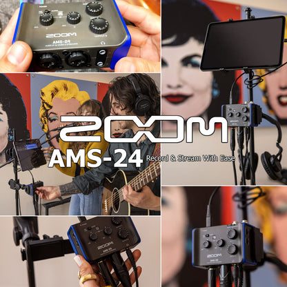 Zoom AMS-24 2x4 USB Audio Interface for Music and Streaming with Samson SR350 Over-Ear Stereo Headphones (Special Edition Blue) and 2x 8mm XLR Microphone Cable Male to Female