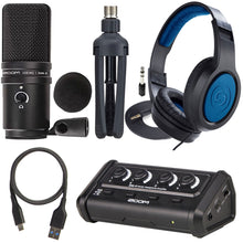 ZOOM ZHA-4 Handy Headphone Amplifier with 2x Zoom ZUM-2 Podcast Microphone with Desktop Stand, Cable & Windscreen and Samson SR350 Over-Ear Stereo Headphones (Special Edition Blue)