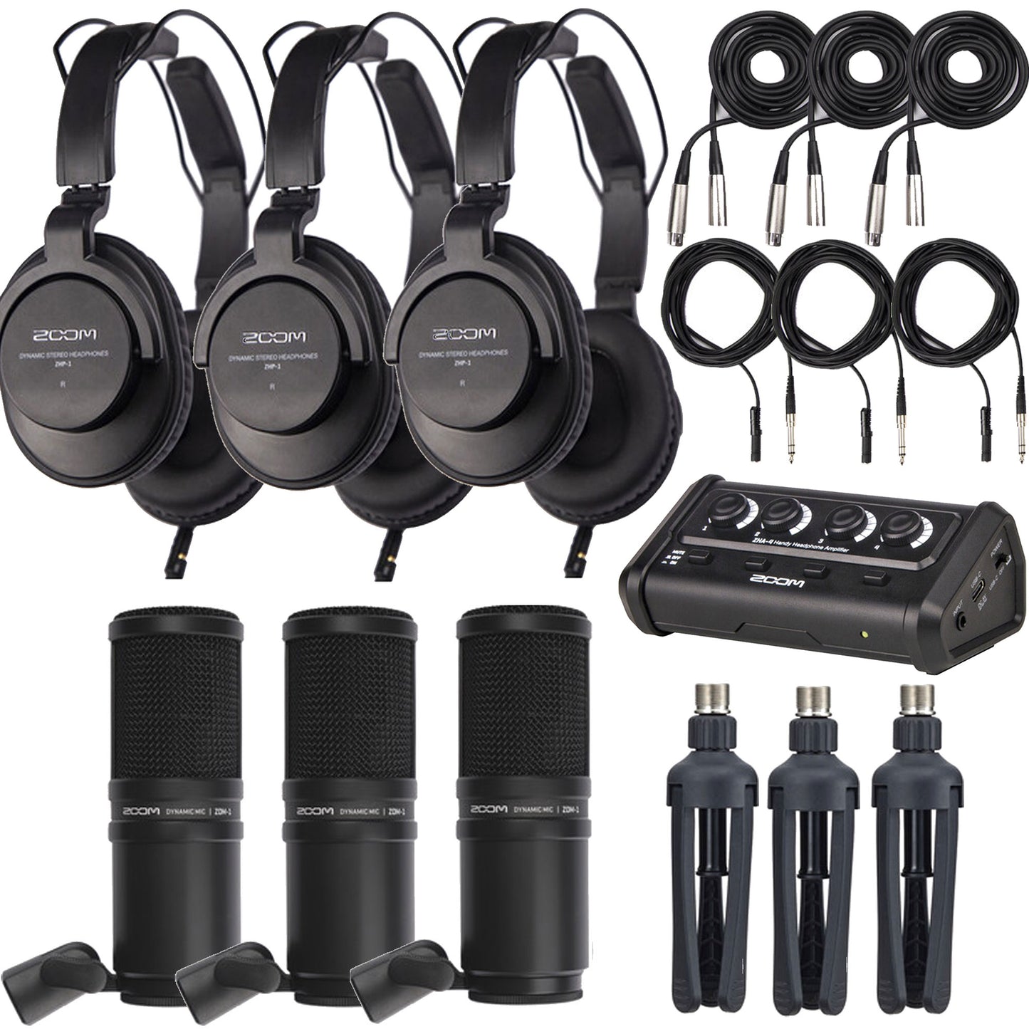 3x Zoom ZDM-1 Podcast Mic Pack Accessory Bundle With Microphone, Headphones, Tripod, Windscreen & Cable and ZOOM ZHA-4 Handy Headphone Amplifier