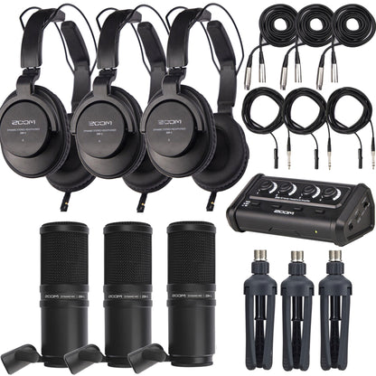3x Zoom ZDM-1 Podcast Mic Pack Accessory Bundle With Microphone, Headphones, Tripod, Windscreen & Cable and ZOOM ZHA-4 Handy Headphone Amplifier