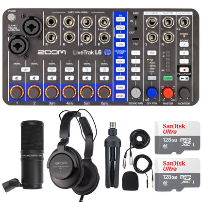 Zoom LiveTrak L6 10-Track Digital Mixer / Recorder with Zoom ZDM-1 Podcast Mic Pack Accessory Bundle and 2x SanDisk 128GB microSDXC Memory Card