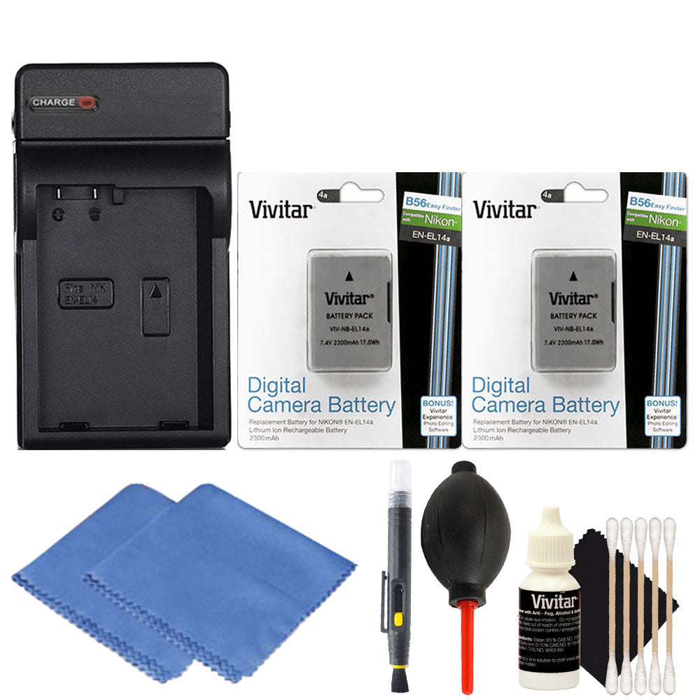 EN-EL14 Replacement Lithium-Ion Battery (2x) + Charger + Cleaning Cloth + Dust Blower + Lens Pen + 3pc Cleaning Kit