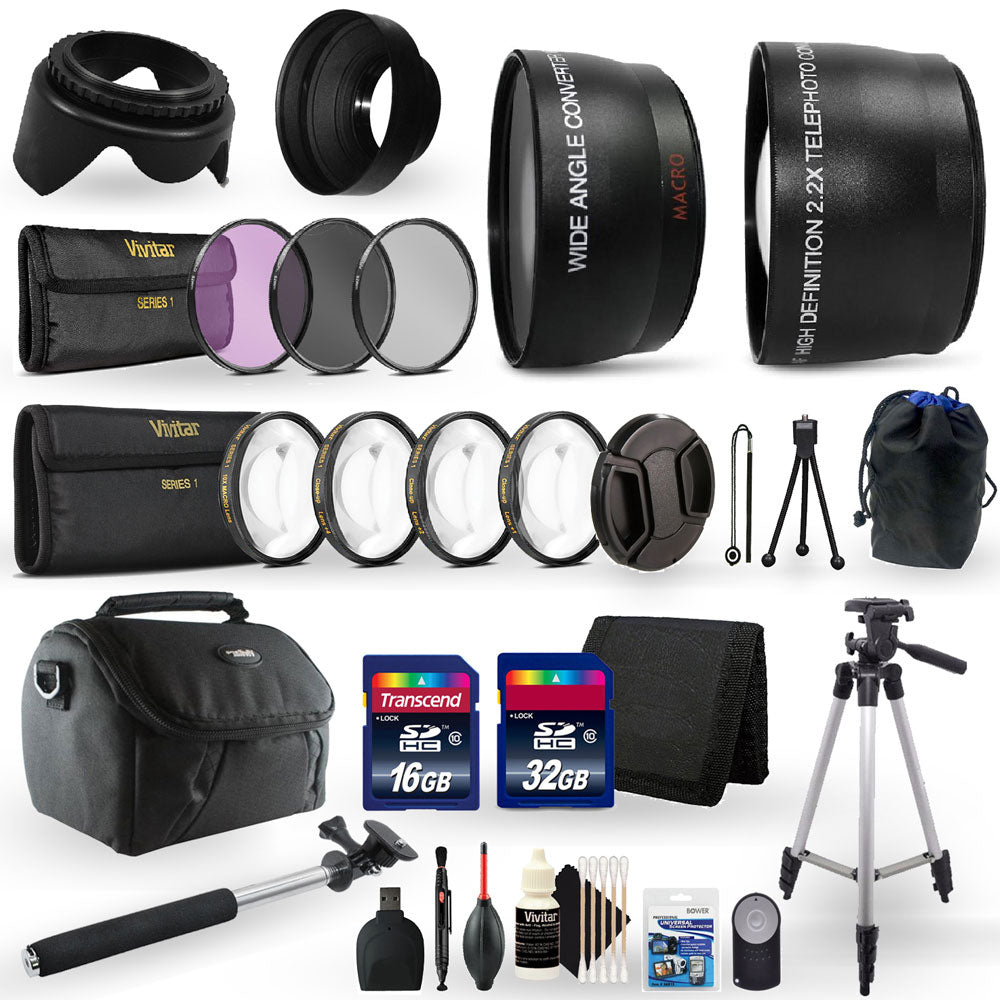 52mm Fisheye Telephoto & Wide Angle Lens + Filter Kit + Macro Kit + Rubber Hood + Lens Hood + 48GB Memory Card + Wallet + Reader + Remote + Lens Cleaner + Dust Blower + Lens Cap + Holder + Screen Protector + Tall Tripod + Monopod + Case + 3pc Cleaning Kit