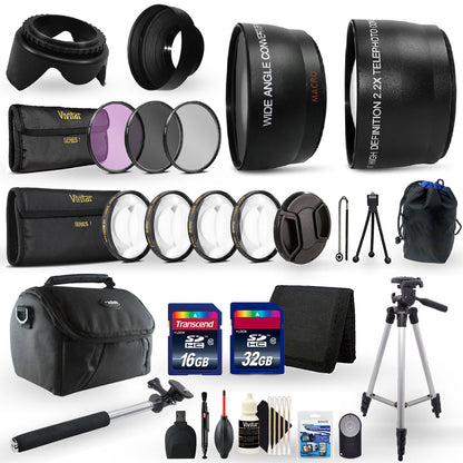 52mm Fisheye Telephoto & Wide Angle Lens + Filter Kit + Macro Kit + Rubber Hood + Lens Hood + 48GB Memory Card + Wallet + Reader + Remote + Lens Cleaner + Dust Blower + Lens Cap + Holder + Screen Protector + Tall Tripod + Monopod + Case + 3pc Cleaning Kit