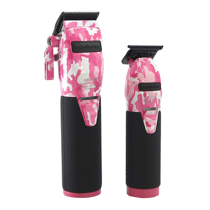 BaByliss Pro LIMITEDFX Pink Camo Clipper and Trimmer Collection FXHOLPKCAMPK with Cordless Double Foil Shaver FXFS2B and Barber Apron
