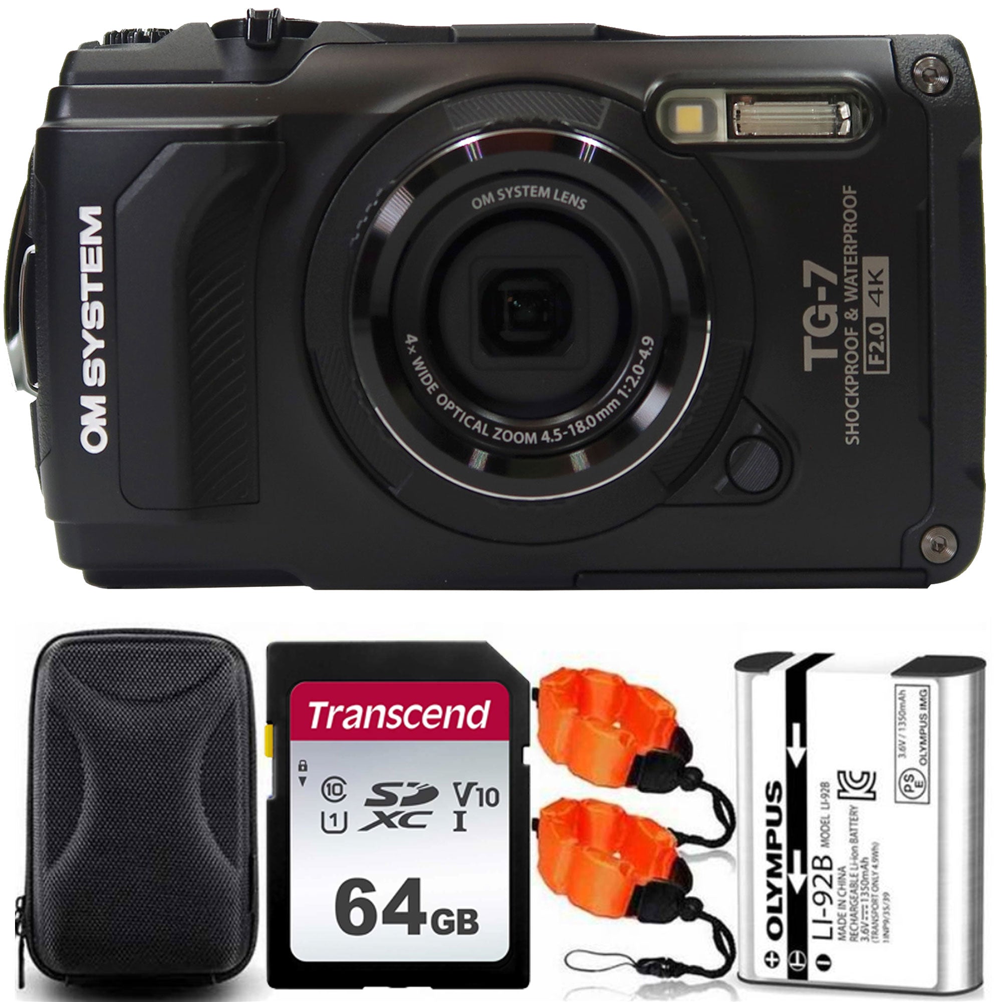 OM SYSTEM Tough TG-7 Digital Camera Black with 64GB Memory Card