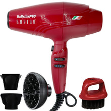 BaByliss Pro Rapido Nano Titanium Hair Dryer Red #BRRAP1 with Snap-On Diffuser and Fade Soft Knuckle Neck Brush