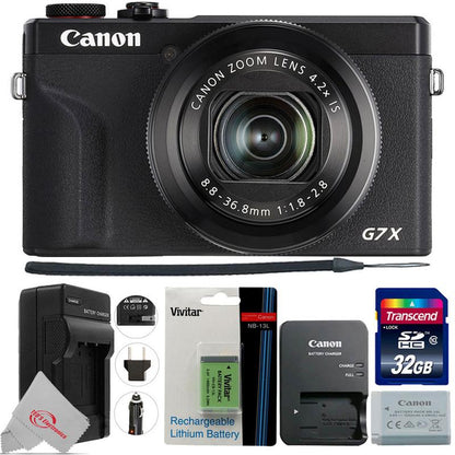 Canon PowerShot G7 X Mark III Digital Camera (Black) + 32GB Memory Card + Vivitar Rechargeable Replacement Battery for Canon NB 13L + Vivitar Charger