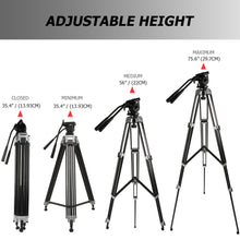 75" Aluminum Alloy Tripod  Twin Handle Control Two-Way Fluid Head 360° Panning 17lbs Load Capacity with Protective Carry Case