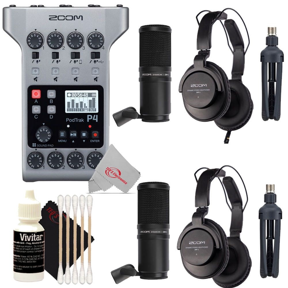 Zoom PodTrak P4 Portable Multitrack Podcast Recorder + Two Zoom