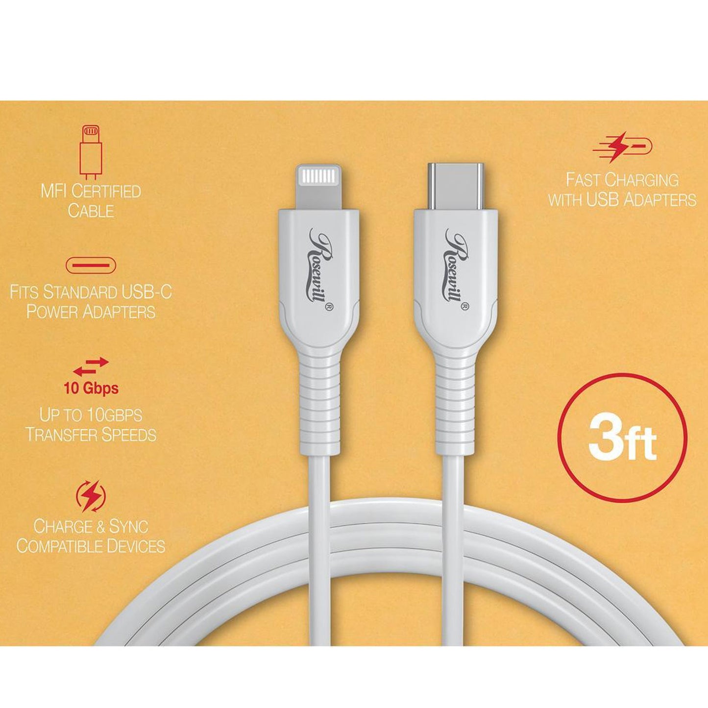 Rosewill iPhone Fast Charger Cable, USB-C to Lightning Cable, MFi Certified, for Apple iPhone, iPad Pro, AirPods, Supports Power Delivery and 480Mbps Data Transfer Speed, White, 3 Feet - RCCC-21004