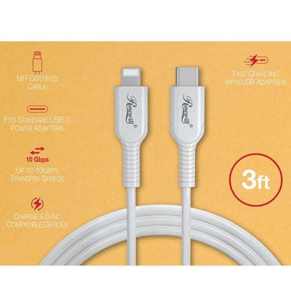 Rosewill iPhone Fast Charger Cable, USB-C to Lightning Cable, MFi Certified, for Apple iPhone, iPad Pro, AirPods, Supports Power Delivery and 480Mbps Data Transfer Speed, White, 3 Feet - RCCC-21004