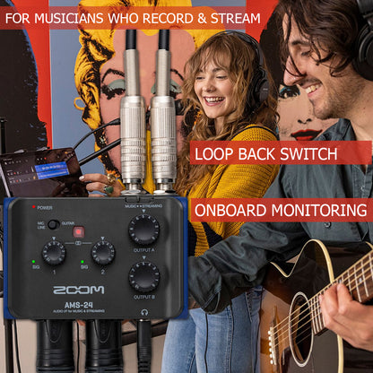 Zoom AMS-24 2x4 USB Audio Interface for Music and Streaming with Samson SR350 Over-Ear Stereo Headphones (Special Edition Blue) and 2x 8mm XLR Microphone Cable Male to Female