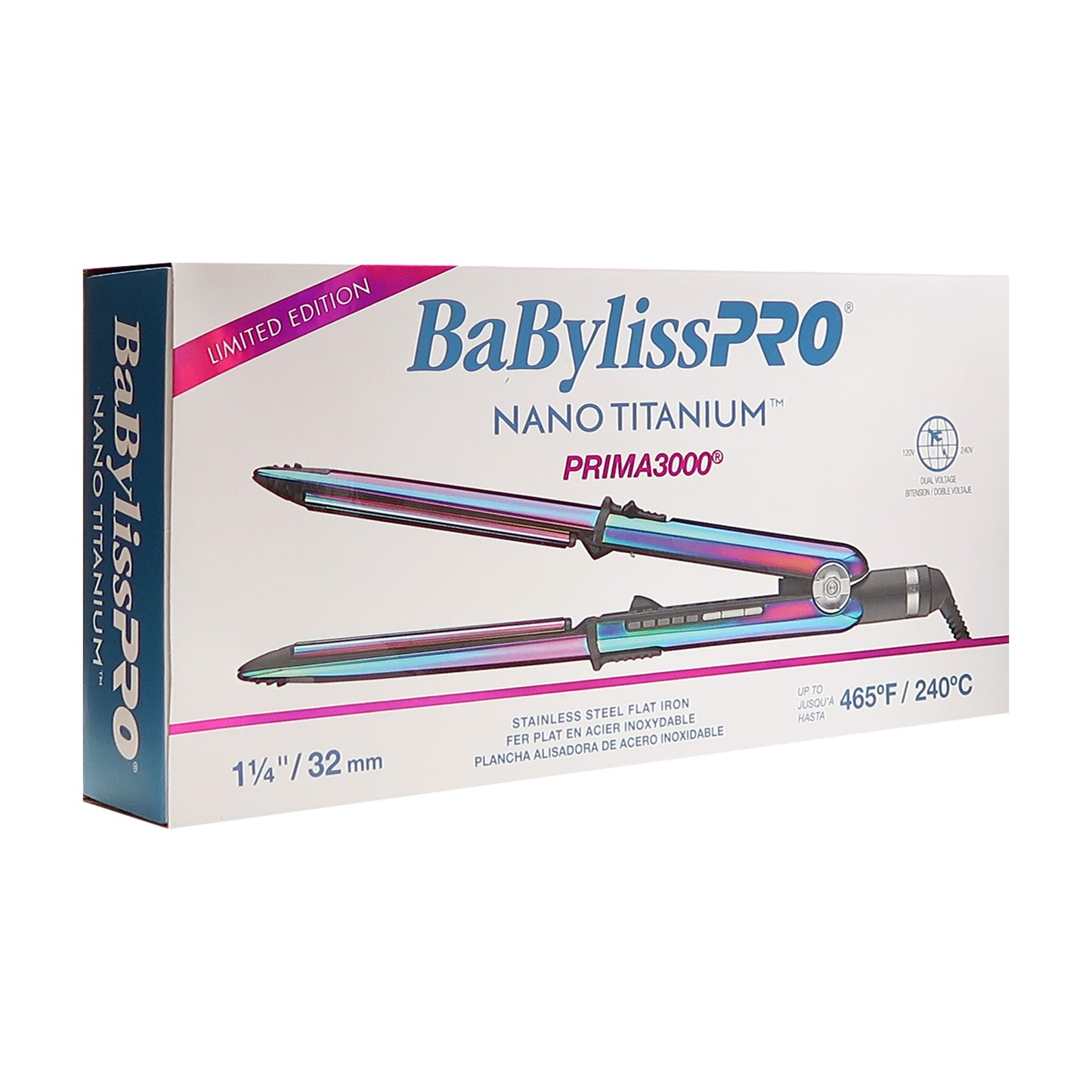 BaByliss Pro LIMITED EDITION Nano Titanium Prima 3000 Stainless Steel Flat Iron Iridescent - 1¼" with BaByliss Pro Studio Design Series 1¼" Crimpcurl Bundle