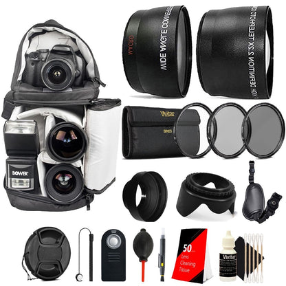 52mm Telephoto & Wide Angle Lens + UV CPL ND Kit + Rubber Hood + Tulip Lens Hood + Backpack + Remote Control + DSLR Hand Grip + Dust Blower + Lens Cleaner + 50 Lens Tissue + Lens Cap + Lens Cap Holder + 3pc Cleaning Kit