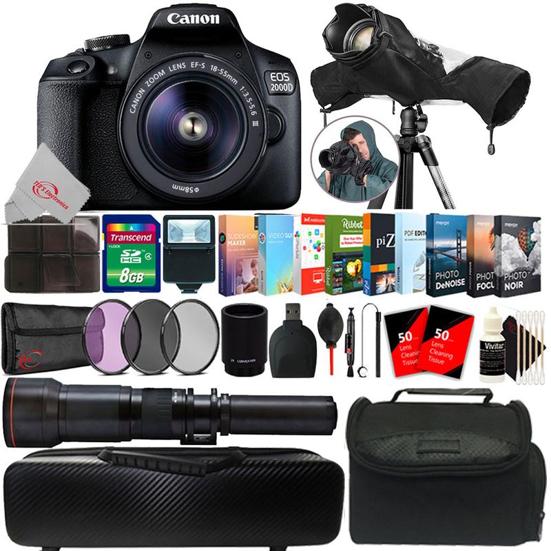 Canon EOS 2000D 24.1MP DSLR Camera + 18-55mm + 650-1300mm Lens + 2x Converter + T-Mount + Filter Kit + 8GB Memory Card + Card Holder + Reader + Lens Pen + Dust Blower + Editing Software Bundle + Camera & Lens Case + 100 Lens Tissue + Raincover + 3pc Clean