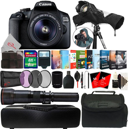 Canon EOS 2000D 24.1MP DSLR Camera + 18-55mm + 650-1300mm Lens + 2x Converter + T-Mount + Filter Kit + 8GB Memory Card + Card Holder + Reader + Lens Pen + Dust Blower + Editing Software Bundle + Camera & Lens Case + 100 Lens Tissue + Raincover + 3pc Clean