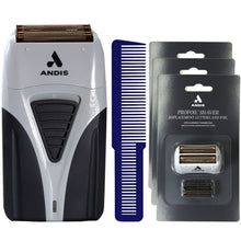 Andis ProFoil Professional Shaver Plus 17255 with 3x Shaver Replacement Cutters and Foil 17280 and Wahl Large Styling Comb - Blue