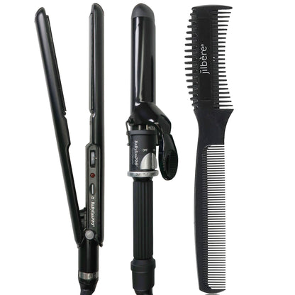 BaByliss Pro Porcelain Ceramic Straightening Iron 1" & Spring Curling Iron 1¼" BPCPP6UC with Conair Pro Precision Comb