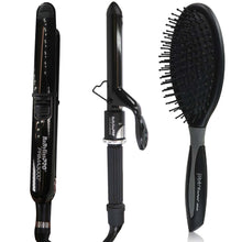 BaByliss Pro LIMITED EDITION Nano Titanium Prima 3000 Stainless Steel Flat Iron Black 1-1/4" BNTBK3000TUC with BaBylissPRO Porcelain Ceramic 1" Spring Curling Iron and Brush