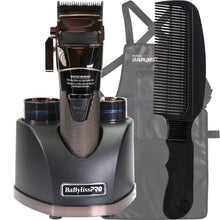 BaByliss Pro SNAPFX Clipper With Snap In/Out Dual Lithium Battery System FX890 with Babyliss Pro Industrial Barber Apron and Wahl Flat Top Comb Black