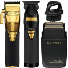 BaByliss PRO GoldFX Boost+ Gold Adjustable Blade Cordless Clipper (FX870GBP) + Skeleton Exposed T-Blade Outlining Cordless Trimmer + GAMMA+ Wireless  Hypo-Allergenic Foil Shaver