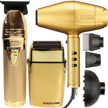 BaByliss Pro GOLDFX Collection Metal Lithium Outlining Trimmer & Double Foil Shaver #FXHOLPK2GN with BaByliss PRO FXBDG1 GoldFX High Performance Turbo Dryer