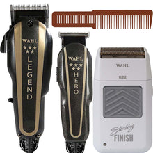 Wahl Professional Trimmer HERO & Hair Clipper LEGEND 5 Star Barber Combo 8180 with Wahl Professional Sterling Finish Limited Edition Shaver White 8174 and Wahl Styling Comb Brown