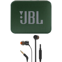 JBL GO 2 Portable Wireless Waterproof Speaker (Moss Green) with JBL T110 in Ear Headphones Black